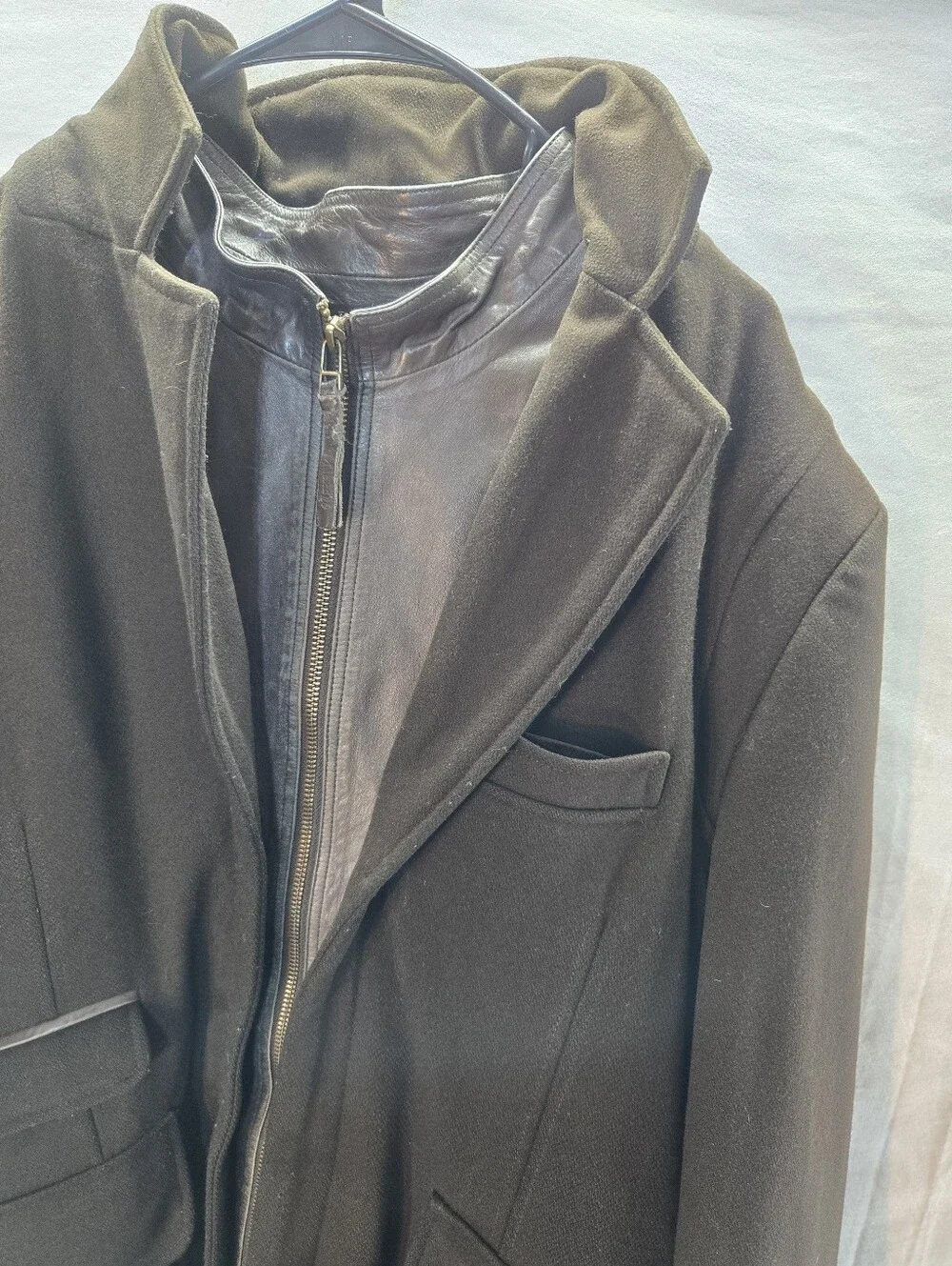 Mackage Men's Size 44 Brown Wool layered inner zip bib leather trim Coat